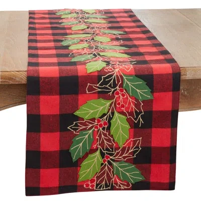 Saro Whimsical Buffalo Plaid Holly Leaves Table Runner In Red