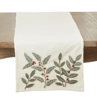 Saro Whimsical Holly Berry Vine Table Runner In Ivory