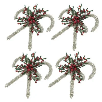 Saro Winter Wonderland Beaded Candy Cane Napkin Ring (set Of 4) In Silver