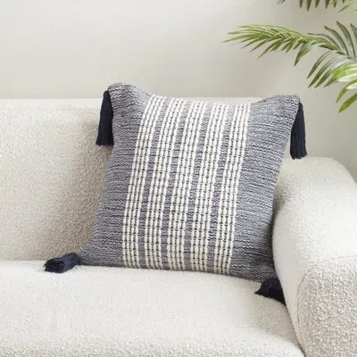 Saro Woven Stripe Cotton-wool Throw Pillow Cover – Textured Vertical Pattern With Corner Tassels For Sofa In Does Not Apply