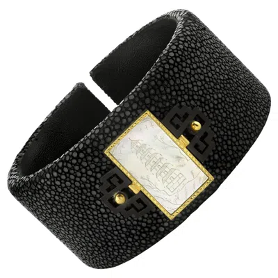Pre-owned Sarosi By Timeless Gems Antique Mother-of-pearl Gaming Counter Yellow Gold Shagreen Wide Cuff Bracelet
