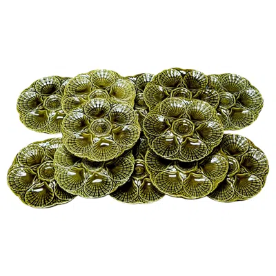 Pre-owned Sarreguemines Set Of Twelve  Olive Green French Majolica Oyster Plates