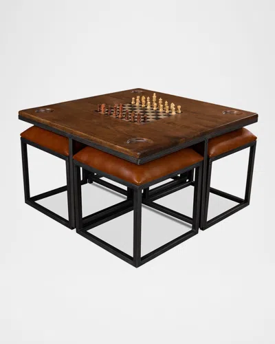 Sarreid Low Game Table With Four Stools In Brown