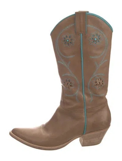 Pre-owned Sartore Leather Floral Print Western Boots In Neutrals