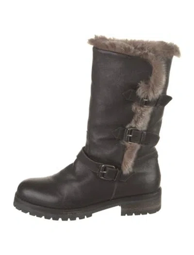 Pre-owned Sartore Leather Fur Trim Moto Boots In Brown