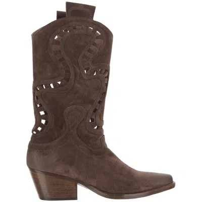 Sartore Mid-calf Suede Boots With Intricate Cut-out Design In Brown