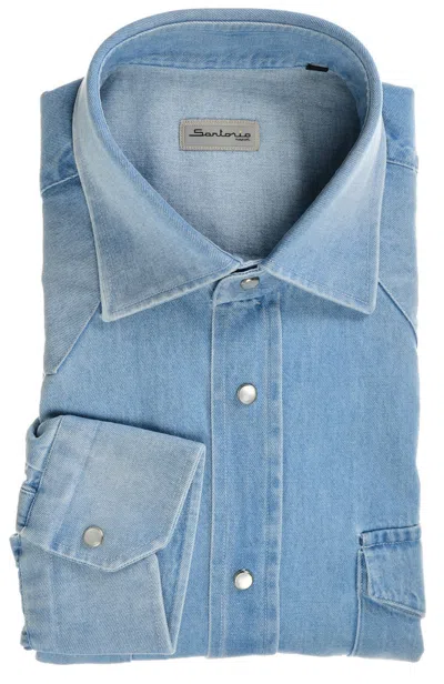 Sartorio Denim Snap Button Cotton Shirt In Blue