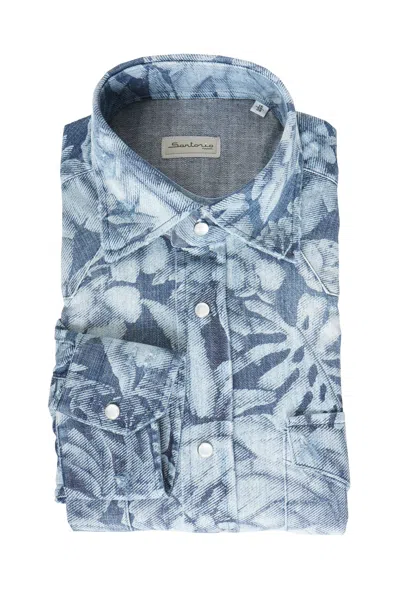 Sartorio Floral Denim Snap Button Cotton Overshirt In Blue