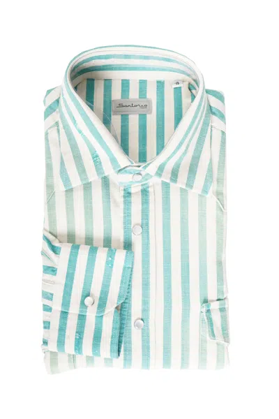 Sartorio Jumbo Pinstripe Denim Snap Button Cotton Overshirt In Blue