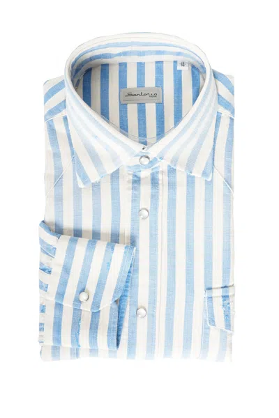 Sartorio Jumbo Pinstripe Denim Snap Button Cotton Overshirt In Blue