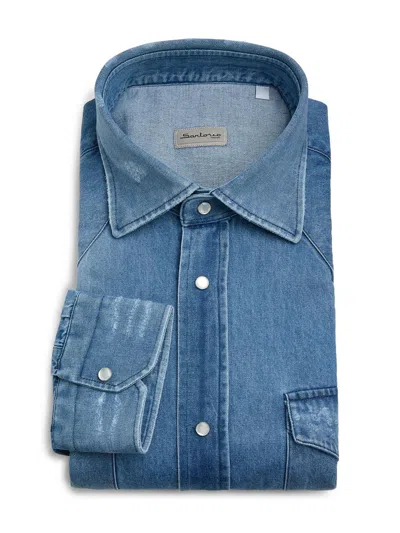 Sartorio Napoli Men's Denim Snap-front Shirt In Blue