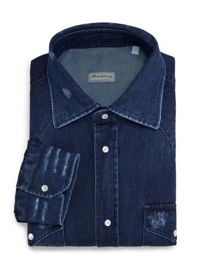 Sartorio Napoli Men's Denim Snap-front Shirt In Blue