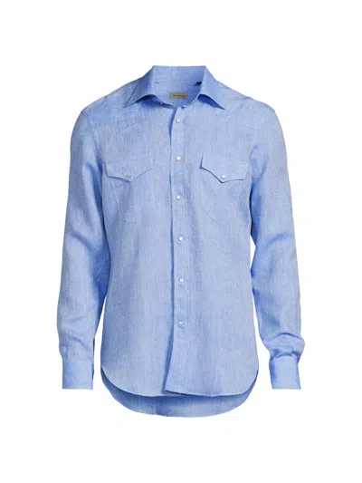 Sartorio Napoli Men's Western Linen Shirt In Blue