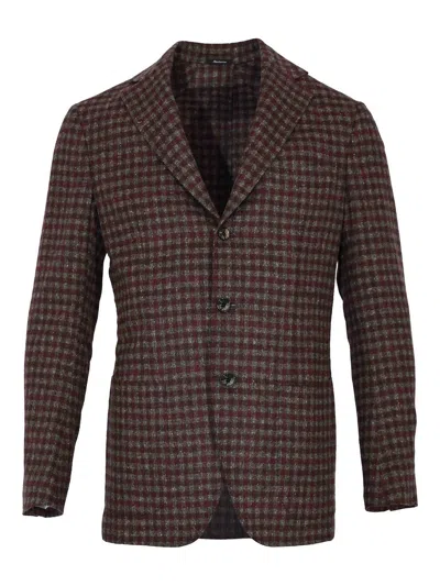 Sartorio Single-breasted Jacket In Pure Wool Check In Brown