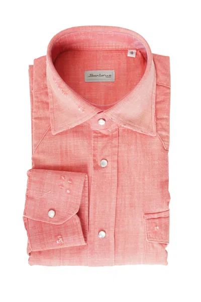 Sartorio Solid Denim Snap Button Cotton Shirt In Red