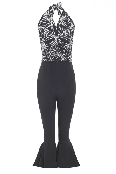 Sarvin Women's Black Embroidered Backless Jumpsuit