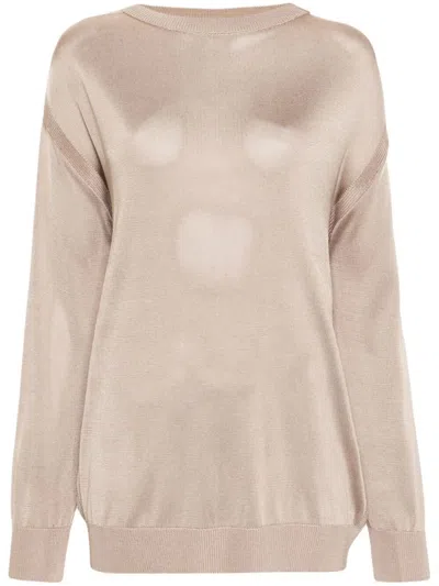 Sasuphi Viscose Round Neck Sweater With Back Slit In Beige