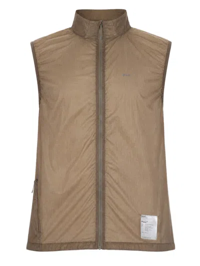 Satisfy Beige Sleeveless High-collar Nylon Jacket In Brown