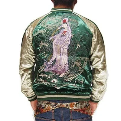 Pre-owned Satori Japanese Sukajan Jacket Reversible Dragon Head Kannon Embroidery Size S In Green