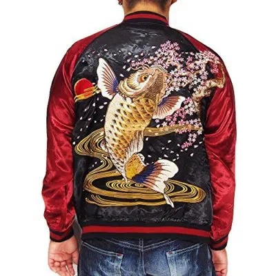 Pre-owned Satori Japanese Sukajan Jacket Reversible Sakura Carp Embroidery Size Xxl In Black