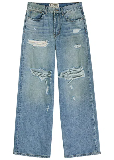 Satoshi Nakamoto Blessed To Be Stressed Distressed Wide-leg Jeans In Blue