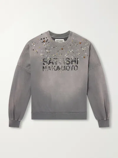 Satoshi Nakamoto Crystal Castle Logo-printed Embellished Distressed Cotton Sweatshirt In Multi