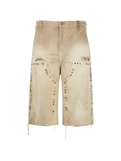 Satoshi Nakamoto Danny's Carpenter Distressed Studded Shorts In Brown