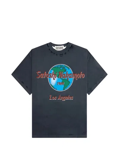 Satoshi Nakamoto Distressed Graphic-print T-shirt In Blue