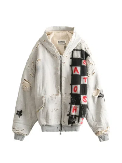 Satoshi Nakamoto Get What I Want Distressed Embellished Cotton-jersey Zip-up Hoodie In Gray
