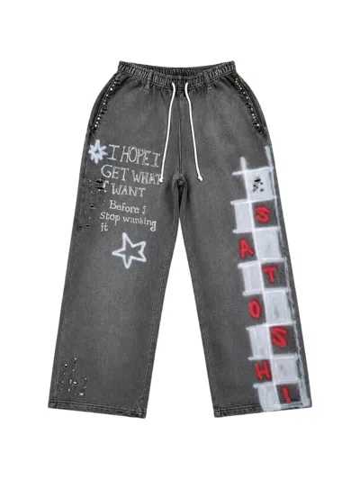 Satoshi Nakamoto Get What I Want Distressed Graffiti-print Trousers In Gray