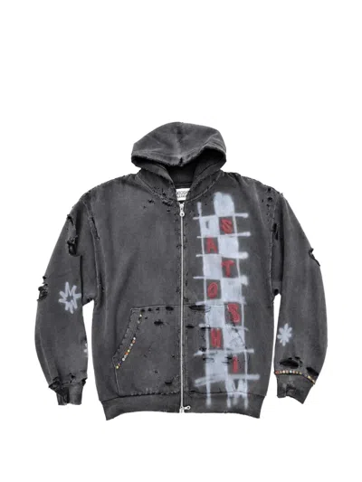 Satoshi Nakamoto Get What I Want Distressed Spray-paint Hoodie In Gray