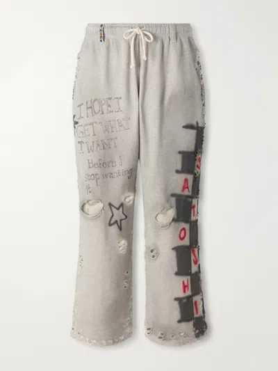 Satoshi Nakamoto Get What I Want Printed Embellished Distressed Cotton-jersey Sweatpants In Gray