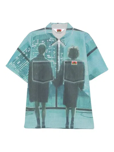 Satoshi Nakamoto Graphic-print Half-zip Polo Shirt In Blue
