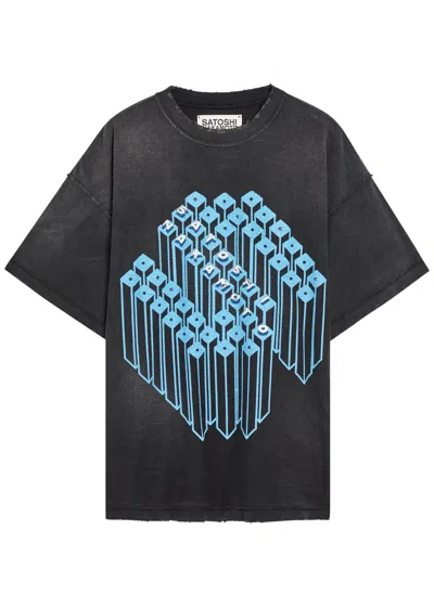 Satoshi Nakamoto Gridlock Embellished Distressed Cotton T-shirt In Gray