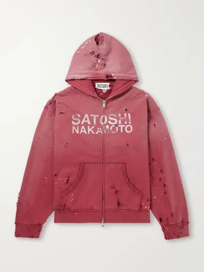 Satoshi Nakamoto Luke Logo-print Distressed Paint-splattered Cotton-jersey Zip-up Hoodie In Pink
