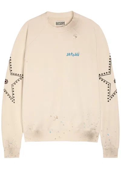 Satoshi Nakamoto Star Studded Distressed Cotton Sweatshirt In White