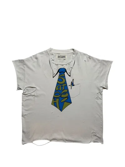 Satoshi Nakamoto Tie Distressed Graphic-print T-shirt In Gray