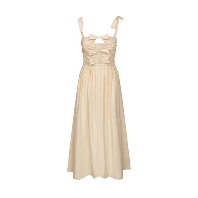 Saty Women's White Cream Bow Bodice Organic Cotton Dress