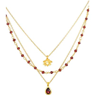 Satya Jewelry Embrace Change Garnet Lotus Triple Necklace In Brown