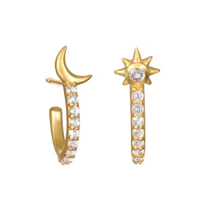 Satya Jewelry Scattered Stardust Celestial Moon And Star Pavé Hoop Earrings In Gold