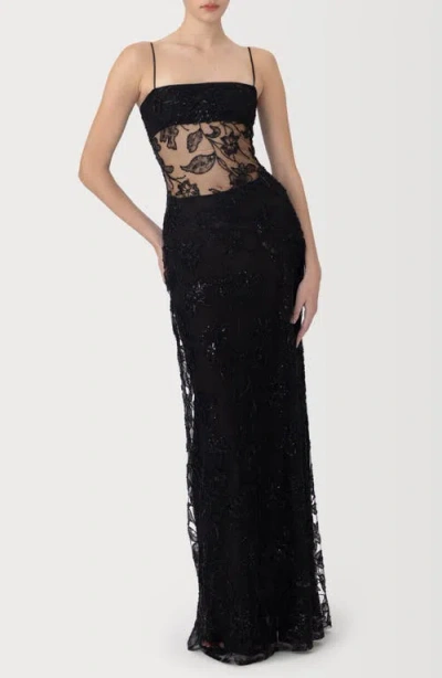 Sau Lee Adelaide Beaded Sheer Detail Gown In Black