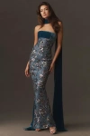 Sau Lee Adrian Strapless Embroidered Fitted Maxi Dress In Blue