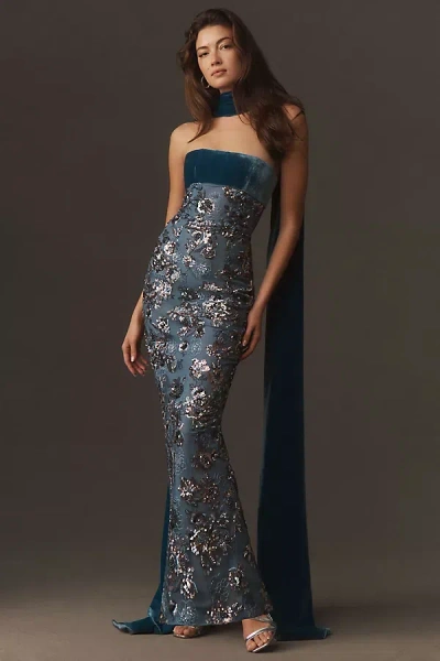 Sau Lee Adrian Strapless Embroidered Fitted Maxi Dress In Blue