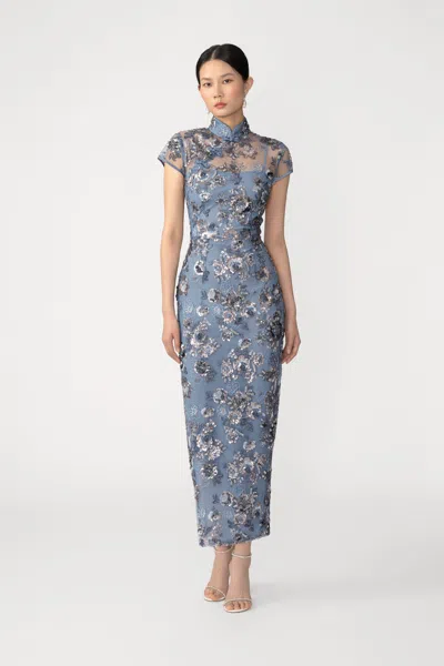 Sau Lee Adriana Embroidered Midi Dress In Blue