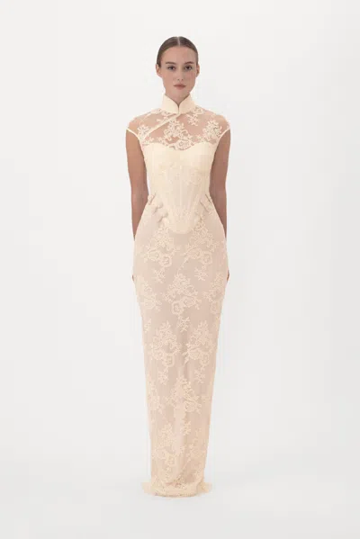 Sau Lee Emilia Lace Gown In Cashew Beige