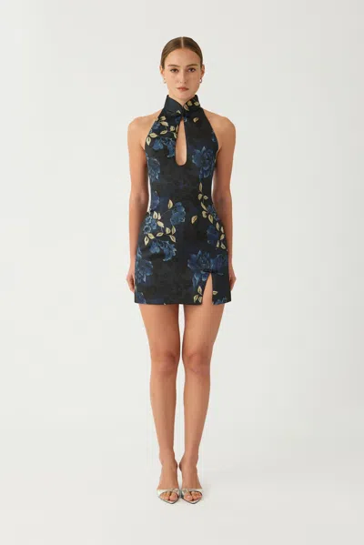 Sau Lee Eva Satin Mini Dress In Midnight Blue