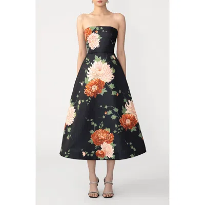Sau Lee Fiora Floral Strapless Satin Gown In Black