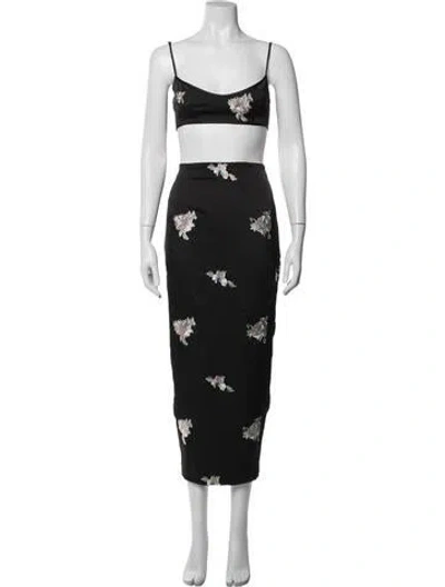Pre-owned Sau Lee Floral Print Embroidered Accent Skirt Set W/ Tags In Black