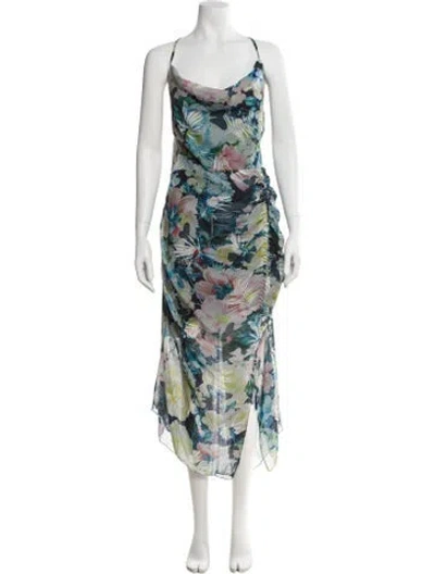 Pre-owned Sau Lee Floral Print Long Dress In Blue/pink