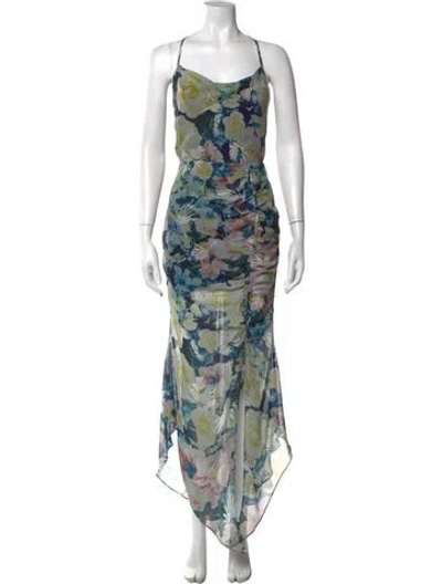 Pre-owned Sau Lee Floral Print Long Dress In Green